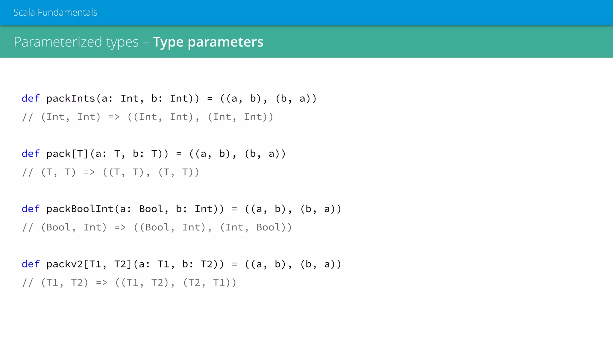 Parameterized types – Type parameters
Scala Fundamentals
def packInts(a: Int, b: Int)) = ((a, b), (b, a))
// (Int, Int) => ((Int, Int), (Int, Int))
def pack[T](a: T, b: T)) = ((a, b), (b, a))
// (T, T) => ((T, T), (T, T))
def packBoolInt(a: Bool, b: Int)) = ((a, b), (b, a))
// (Bool, Int) => ((Bool, Int), (Int, Bool))
def packv2[T1, T2](a: T1, b: T2)) = ((a, b), (b, a))
// (T1, T2) => ((T1, T2), (T2, T1))
 