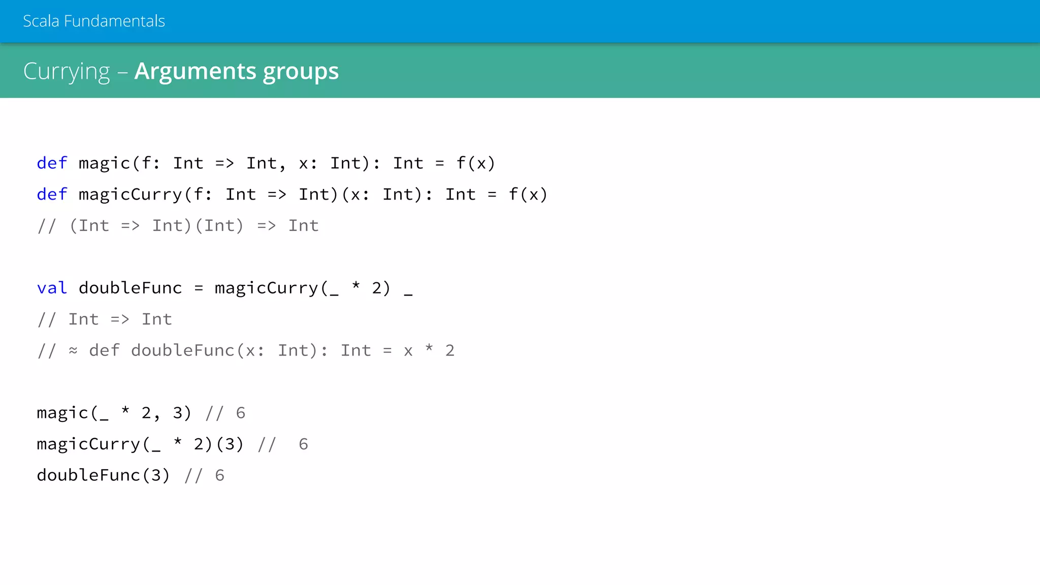 Currying – Arguments groups
Scala Fundamentals
def magic(f: Int => Int, x: Int): Int = f(x)
def magicCurry(f: Int => Int)(x: Int): Int = f(x)
// (Int => Int)(Int) => Int
val doubleFunc = magicCurry(_ * 2) _
// Int => Int
// ≈ def doubleFunc(x: Int): Int = x * 2
magic(_ * 2, 3) // 6
magicCurry(_ * 2)(3) // 6
doubleFunc(3) // 6
 