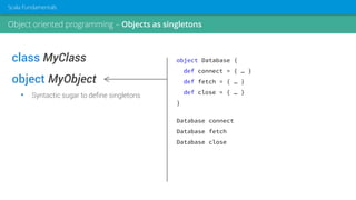 class MyClass
object MyObject
• Syntactic sugar to define singletons
object Database {
def connect = { … }
def fetch = { … }
def close = { … }
}
Database connect
Database fetch
Database close
Object oriented programming – Objects as singletons
Scala Fundamentals
 