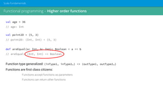 Functional programming – Higher order functions
Scala Fundamentals
val age = 36
// age: Int
val point2D = (5, 3)
// point2D: (Int, Int) = (5, 3)
def areEqual(a: Int, b: Int): Boolean = a == b
// areEqual: (Int, Int) => Boolean
Function type generalized: (inType1, inType2…) => (outType1, outType2…)
Functions are first class citizens:
Functions accept functions as parameters
Functions can return other functions
 