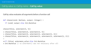 Call by value vs. Call by name – Call by value
Scala Fundamentals
Call by value evaluates all arguments before a function call
def choose(cond: Boolean, output: Integer) =
if (cond) output else Int.MaxValue
choose(false, ackermann(5, 5))
→ choose(false, ackermann(4, ackermann(5, 4))
→ choose(false, ackermann(4, ackermann(4, ackermann(5, 3)))
→ choose(false, ackermann(4, ackermann(4, ackermann(4, ackermann(5, 2)))
…
→→ if (false) ackermann_value else Int.MaxValue
→ Int.MaxValue // so ackermann() was not necessary after all
 
