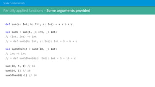 Partially applied functions – Some arguments provided
Scala Fundamentals
def sum(a: Int, b: Int, c: Int) = a + b + c
val sum5 = sum(5, _: Int, _: Int)
// (Int, Int) => Int
// ≈ def sum5(b: Int, c: Int): Int = 5 + b + c
val sum5Then10 = sum5(10, _: Int)
// Int => Int
// ≈ def sum5Then10(c: Int): Int = 5 + 10 + c
sum(10, 5, 1) // 16
sum5(4, 1) // 10
sum5Then10(-1) // 14
 
