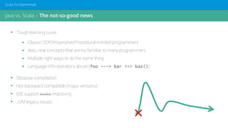 Java vs. Scala – The not-so-good news
Scala Fundamentals
• Tough learning curve
 Classic OOP/Imperative/Procedural-minded programmers
 Also, new concepts that are no familiar to many programmers
 Multiple right ways to do the same thing
 Language infix operators abuse (foo ~-~> bar <=> baz())
• Sloooow compilation
• Not backward compatible (major versions)
• IDE support sucks improving
• JVM legacy issues
 