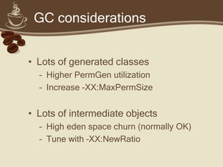Nasty surprises


• Different compiler, different edge-
  cases
  – Stack overflow may segfault
  – Crash log may fail to generate (JDK
    1.6.0_x)
  – Logs and thread dumps are your friends
 
