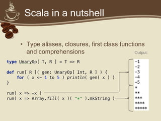 Scala in a nutshell


• Type aliases, closures, first class functions
  and comprehensions                        Output:
 