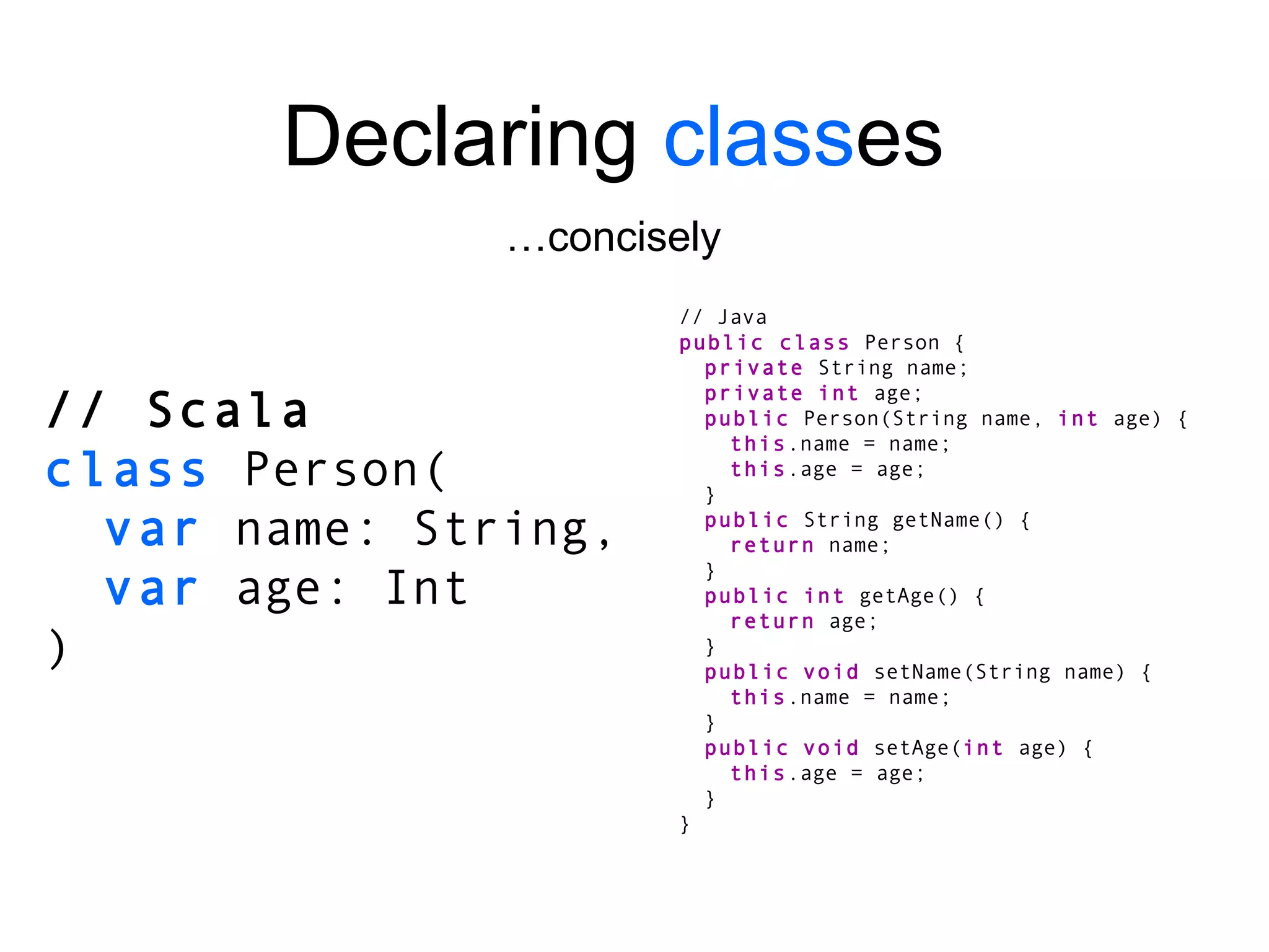 // Scala class  Person( var  name: String, var  age: Int ) Declaring  class es … concisely // Java public class  Person { private  String name; private   int  age; public  Person(String name,  int  age) { this .name = name; this .age = age; } public  String getName() { return  name; } public   int  getAge() { return  age; } public   void  setName(String name) { this .name = name; } public   void  setAge( int  age) { this .age = age; } } 