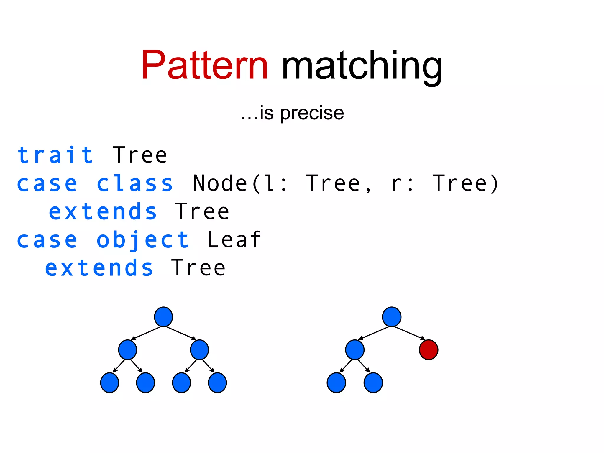 trait  Tree case class  Node(l: Tree, r: Tree) extends  Tree case object  Leaf extends  Tree Pattern  matching … is precise 