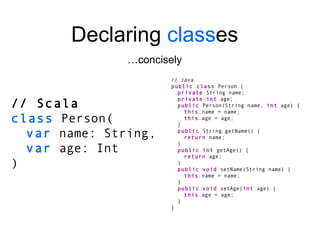 // Scala class  Person( var  name: String, var  age: Int ) Declaring  class es … concisely // Java public class  Person { private  String name; private   int  age; public  Person(String name,  int  age) { this .name = name; this .age = age; } public  String getName() { return  name; } public   int  getAge() { return  age; } public   void  setName(String name) { this .name = name; } public   void  setAge( int  age) { this .age = age; } } 