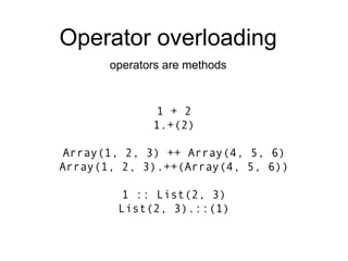 1 + 2 1.+(2) Array(1, 2, 3) ++ Array(4, 5, 6) Array(1, 2, 3).++(Array(4, 5, 6)) 1 :: List(2, 3) List(2, 3).::(1) Operator overloading operators are methods 