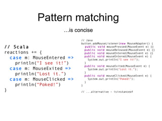 Pattern matching … is concise // Scala reactions += { case  m: MouseEntered  => println( “I see it!” ) case  m: MouseExited  => println( “Lost it.” ) case  m: MouseClicked  => println( “Poked!” ) } // Java button.addMouseListener( new  MouseAdapter() { public void  mousePressed(MouseEvent e) {} public void  mouseReleased(MouseEvent e) {} public void  mouseEntered(MouseEvent e) {} public void  mouseEntered(MouseEvent e) { System.out.println( “I see it!” ); } public void  mouseExited(MouseEvent e) { System.out.println( “Lost it.” ); } public void  mouseClicked(MouseEvent e) { System.out.println( “Poked!” ); } } // ...alternative - isinstanceof 