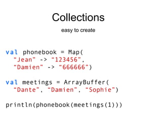 Collections easy to create val   phonebook = Map( “ Jean”  ->   “123456” , “ Damien”  ->  “666666” ) val  meetings = ArrayBuffer( “ Dante” ,  “Damien” ,  “Sophie” ) println(phonebook(meetings(1))) 