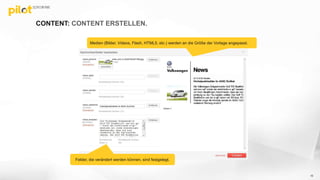 CONTENT: CONTENT ERSTELLEN.
10
Medien (Bilder, Videos, Flash, HTML5, etc.) werden an die Größe der Vorlage angepasst.
Felder, die verändert werden können, sind festgelegt.
 