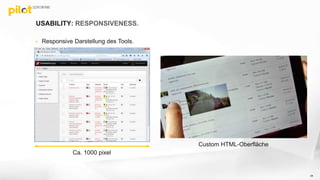 USABILITY: RESPONSIVENESS.
 Responsive Darstellung des Tools.
34
Ca. 1000 pixel
Custom HTML-Oberfläche
 