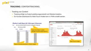 TRACKING: CONTENTRACKING.
 Tracking von Content
 Tracking erfolgt via Scala Auslieferungsprotokoll und Website Analytics.
 Ein Kunden-Dashboard für Multi-Touch Inhalte kann in PiWik erstellt werden.
Report-Generierung direkt in Scala möglich
Export der Daten in jedes
gängige Auswertungsprogramm
Multi-Touch Inhalte
35
 