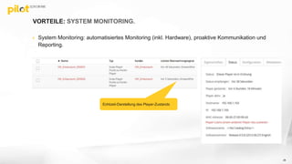 VORTEILE: SYSTEM MONITORING.
 System Monitoring: automatisiertes Monitoring (inkl. Hardware), proaktive Kommunikation und
Reporting.
Echtzeit-Darstellung des Player-Zustands
38
 