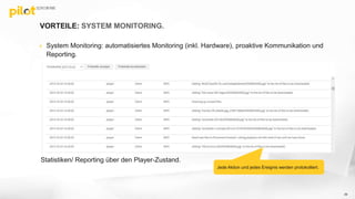 VORTEILE: SYSTEM MONITORING.
 System Monitoring: automatisiertes Monitoring (inkl. Hardware), proaktive Kommunikation und
Reporting.
Jede Aktion und jedes Ereignis werden protokolliert.
Statistiken/ Reporting über den Player-Zustand.
39
 