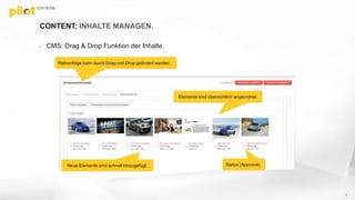 CONTENT: INHALTE MANAGEN.
 CMS: Drag & Drop Funktion der Inhalte.
Elemente sind übersichtlich angeordnet.
Neue Elemente sind schnell hinzugefügt.
Reihenfolge kann durch Drag und Drop geändert werden.
Status (Approval)
7
 