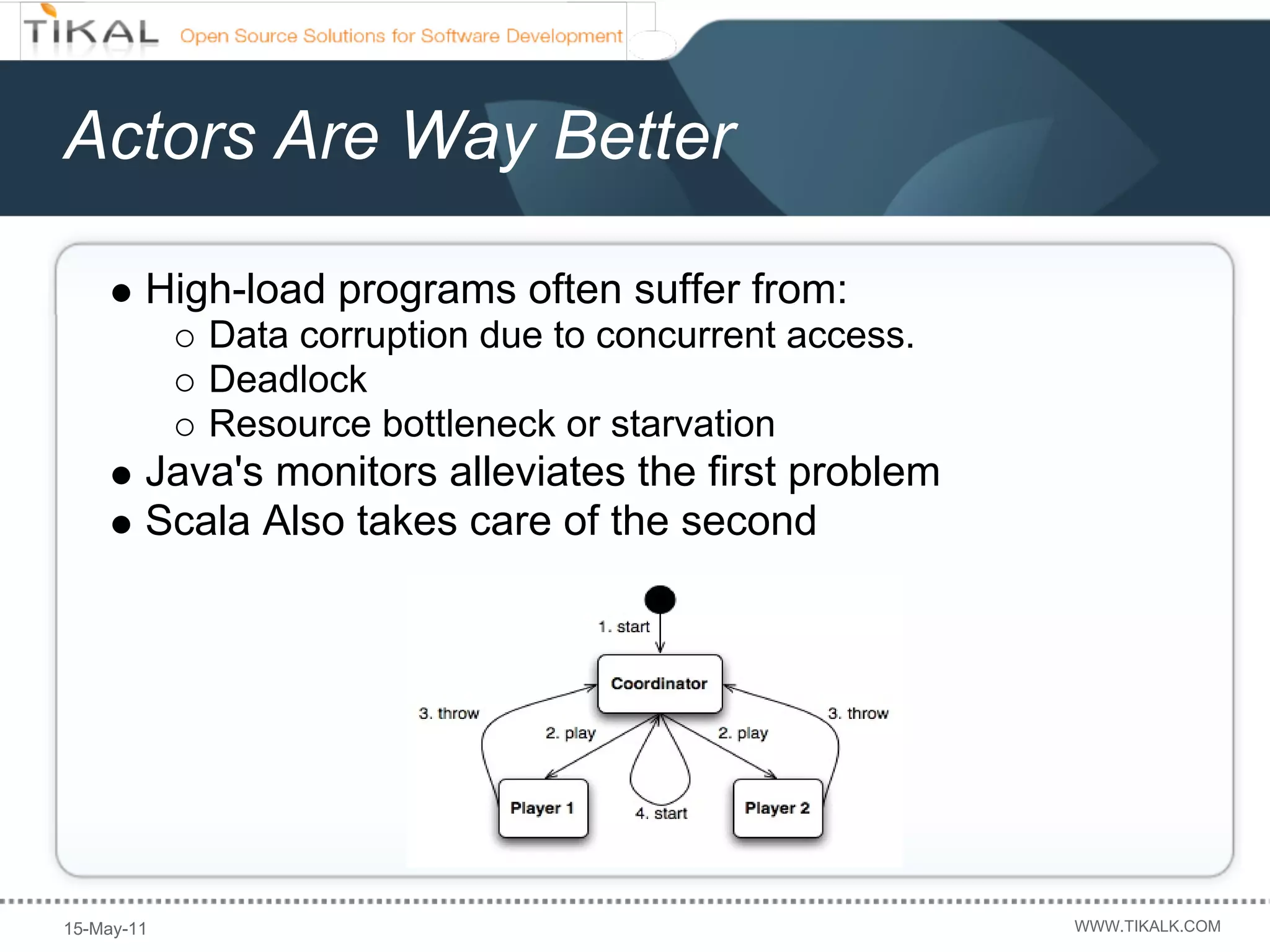 Actors Are Way Better

        High-load programs often suffer from:
            Data corruption due to concurrent access.
            Deadlock
            Resource bottleneck or starvation
        Java's monitors alleviates the first problem
        Scala Also takes care of the second




15-May-11                                               WWW.TIKALK.COM
 