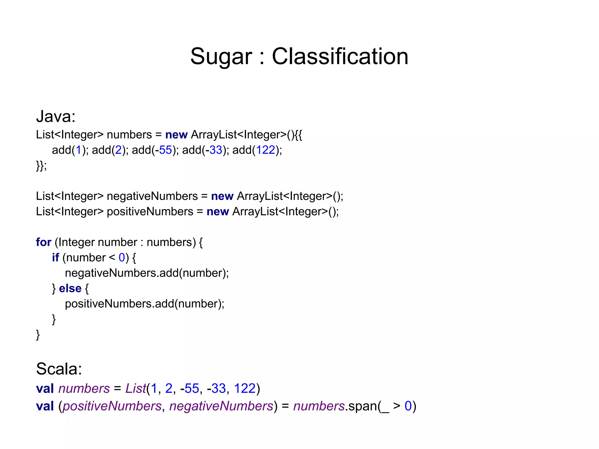 Sugar : Classification
Java:
List<Integer> numbers = new ArrayList<Integer>(){{
add(1); add(2); add(-55); add(-33); add(122);
}};
List<Integer> negativeNumbers = new ArrayList<Integer>();
List<Integer> positiveNumbers = new ArrayList<Integer>();
for (Integer number : numbers) {
if (number < 0) {
negativeNumbers.add(number);
} else {
positiveNumbers.add(number);
}
}

Scala:
val numbers = List(1, 2, -55, -33, 122)
val (positiveNumbers, negativeNumbers) = numbers.span(_ > 0)

 