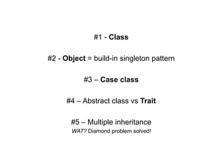 #1 - Class
#2 - Object = build-in singleton pattern

#3 – Case class
#4 – Abstract class vs Trait
#5 – Multiple inheritance
WAT? Diamond problem solved!

 