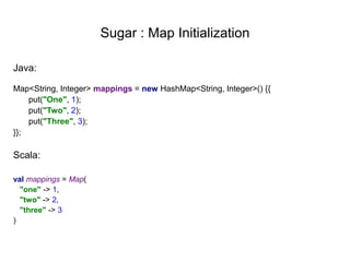 Sugar : Map Initialization
Java:
Map<String, Integer> mappings = new HashMap<String, Integer>() {{
put("One", 1);
put("Two", 2);
put("Three", 3);
}};

Scala:
val mappings = Map(
"one" -> 1,
"two" -> 2,
"three" -> 3
)

 