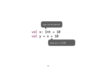 type can be inferred 
val x: Int = 10 
val y = x + 10 
same as x.+(10) 
13 
 