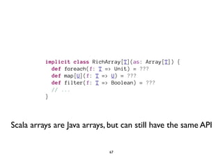 implicit class RichArray[T](as: Array[T]) { 
def foreach(f: T => Unit) = ??? 
def map[U](f: T => U) = ??? 
def filter(f: T => Boolean) = ??? 
// ... 
} 
Scala arrays are Java arrays, but can still have the same API 
67 
 