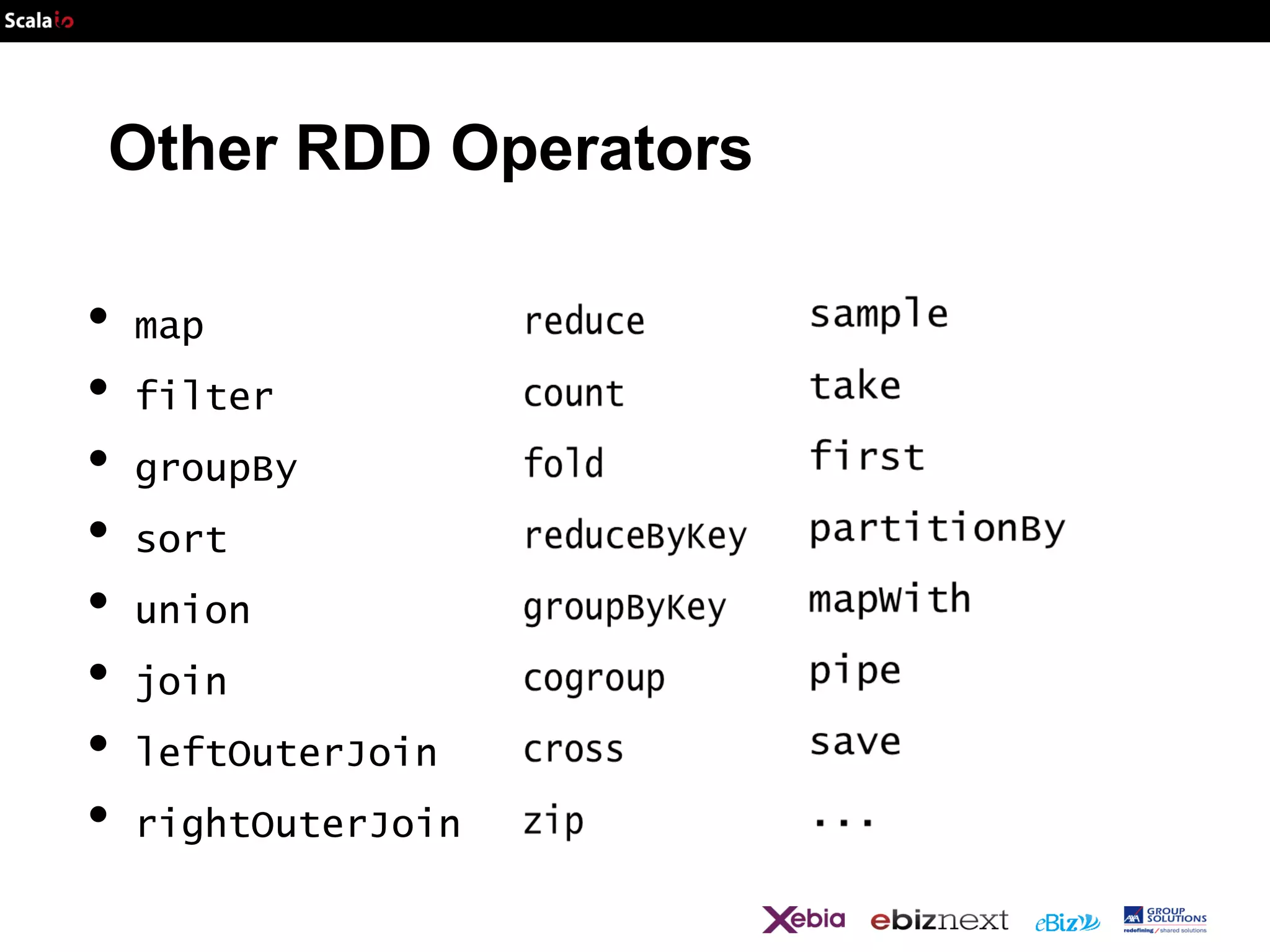 Other RDD Operators

•
•
•
•
•
•
•
•

map
filter

groupBy
sort
union
join
leftOuterJoin
rightOuterJoin

 