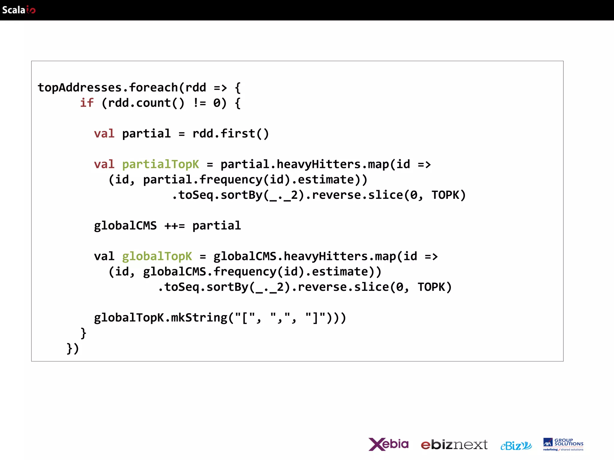 topAddresses.foreach(rdd => {
if (rdd.count() != 0) {
val partial = rdd.first()
val partialTopK = partial.heavyHitters.map(id =>
(id, partial.frequency(id).estimate))
.toSeq.sortBy(_._2).reverse.slice(0, TOPK)
globalCMS ++= partial
val globalTopK = globalCMS.heavyHitters.map(id =>
(id, globalCMS.frequency(id).estimate))
.toSeq.sortBy(_._2).reverse.slice(0, TOPK)
globalTopK.mkString("[", ",", "]")))
}
})

 