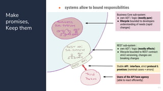 Make
promises,
Keep them
63
● systems allow to bound responsibilities
Business Core sub-system:
● own ADT / logic (mostly ...