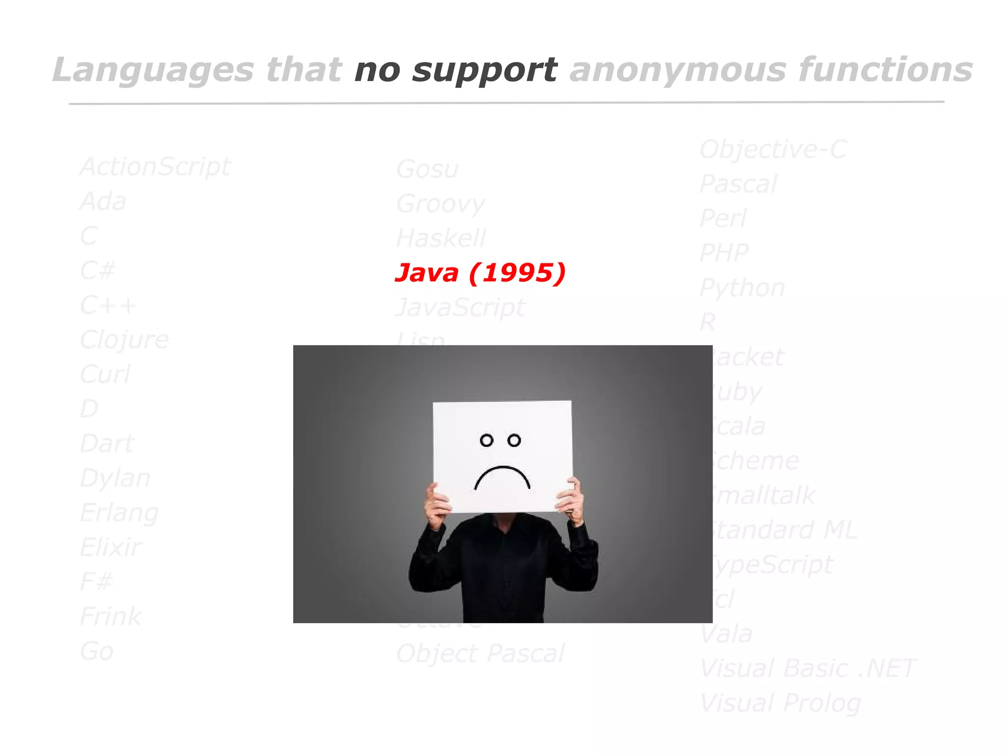 Languages that no support anonymous functions
ActionScript
Ada
C
C#
C++
Clojure
Curl
D
Dart
Dylan
Erlang
Elixir
F#
Frink
Go

Gosu
Groovy
Haskell
Java (1995)
JavaScript
Lisp
Logtalk
Lua
Mathematica
Maple
Matlab
Maxima
OCaml
Octave
Object Pascal

Objective-C
Pascal
Perl
PHP
Python
R
Racket
Ruby
Scala
Scheme
Smalltalk
Standard ML
TypeScript
Tcl
Vala
Visual Basic .NET
Visual Prolog

 