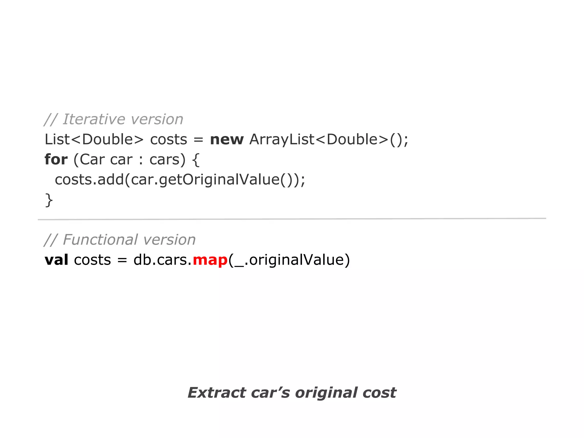 // Iterative version
List<Double> costs = new ArrayList<Double>();
for (Car car : cars) {
costs.add(car.getOriginalValue());
}
// Functional version
val costs = db.cars.map(_.originalValue)

Extract car’s original cost

 