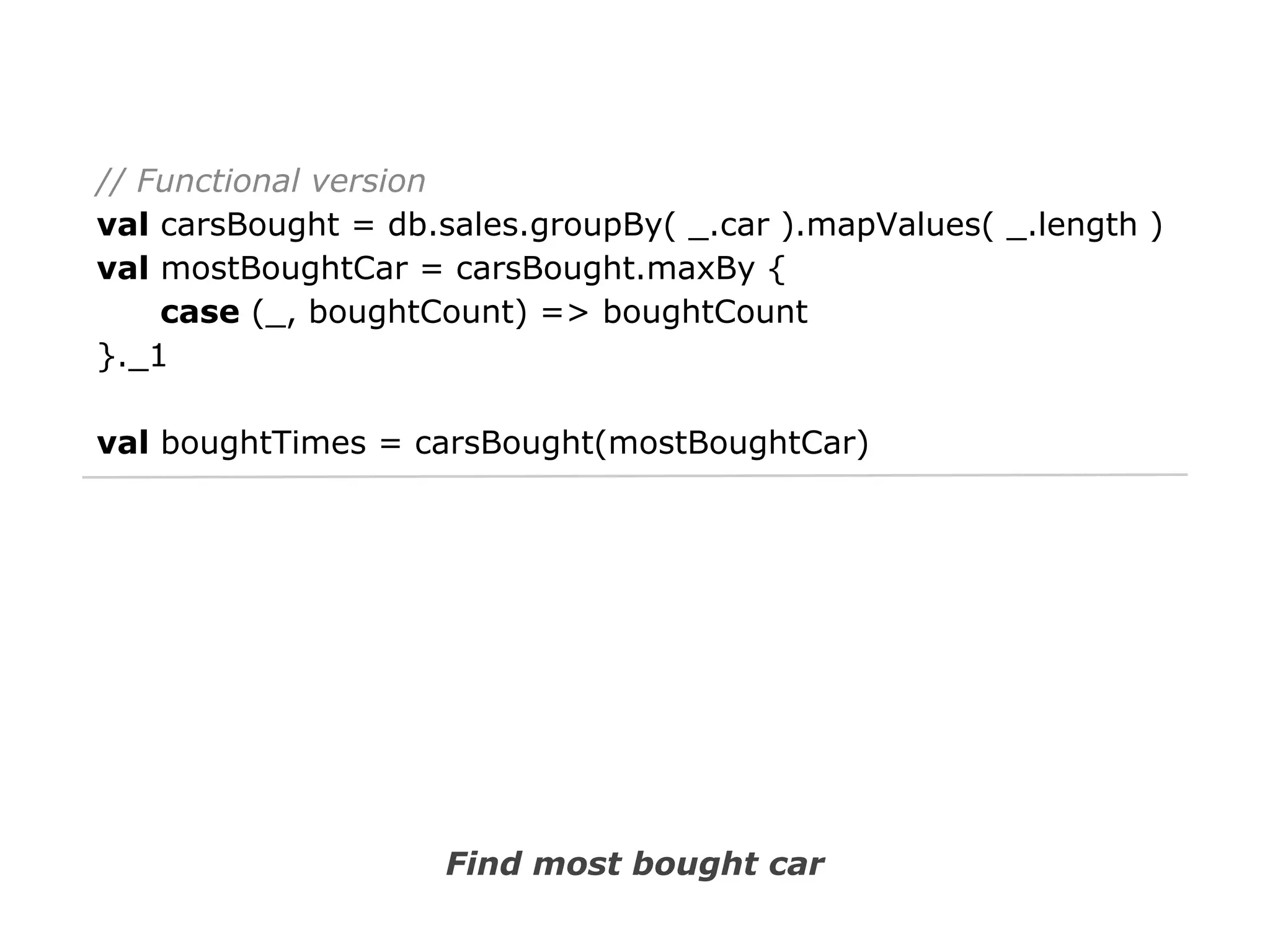 // Functional version
val carsBought = db.sales.groupBy( _.car ).mapValues( _.length )
val mostBoughtCar = carsBought.maxBy {
case (_, boughtCount) => boughtCount
}._1
val boughtTimes = carsBought(mostBoughtCar)

Find most bought car

 