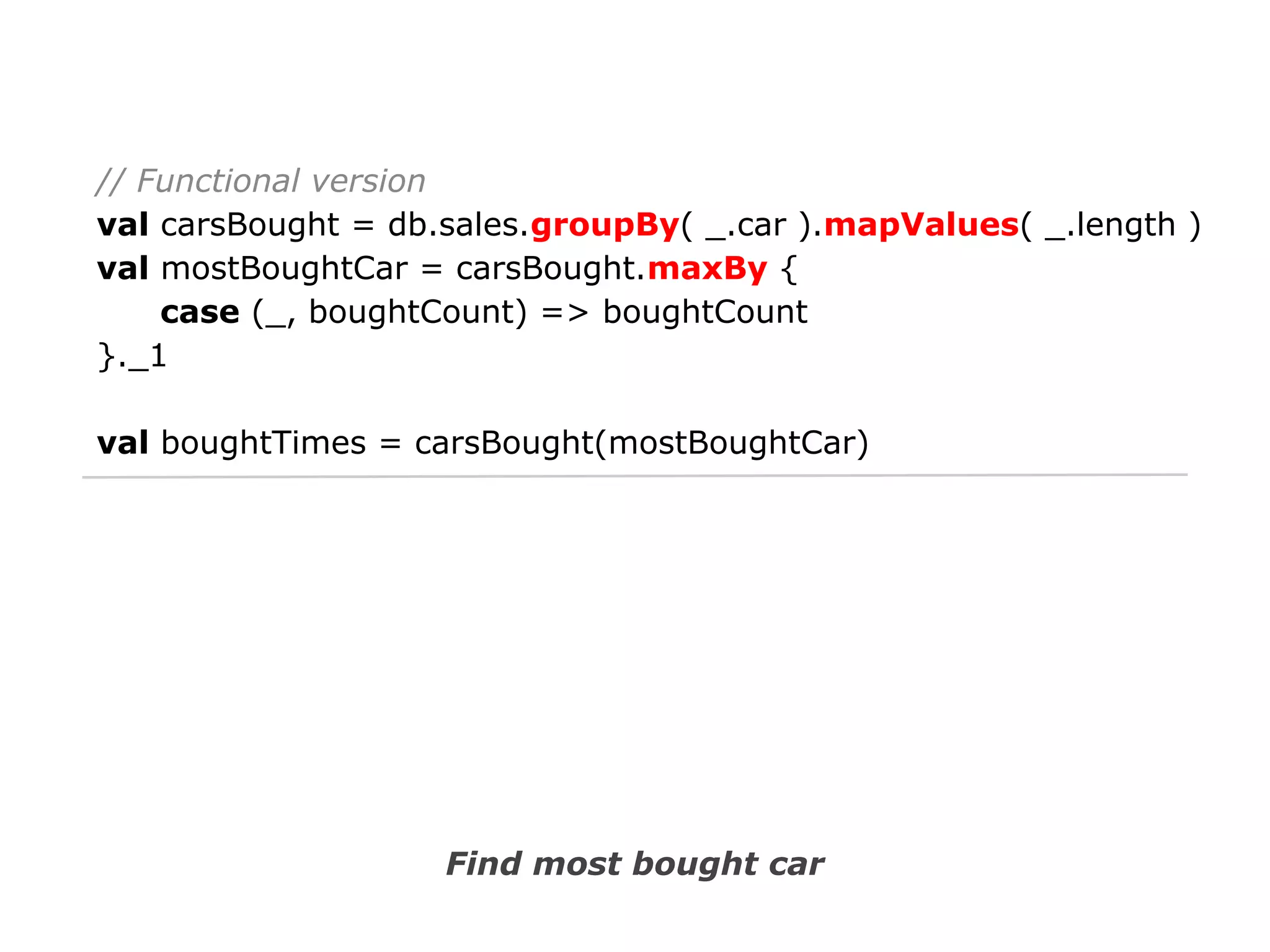 // Functional version
val carsBought = db.sales.groupBy( _.car ).mapValues( _.length )
val mostBoughtCar = carsBought.maxBy {
case (_, boughtCount) => boughtCount
}._1
val boughtTimes = carsBought(mostBoughtCar)

Find most bought car

 