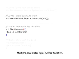 // Java8 - print each line to stdout
withFile(filename, line -> System.out.println(line));
// Java8 - store each line to db
withFile(filename, line -> storeToDb(line));

// Scala - print each line to stdout
withFile(filename) {
line => println(line)
}
// Scala - store each line to db
withFile(filename) {
line => storeToDb(line)
}
Multiple parameter lists(curried function)

 
