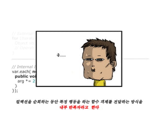 // External Iterator
for (Iterator iter = var.iterator(); iter.hasNext(); ) {
Object obj = iter.next();
// Operate on obj
}

// Internal Iterator
var.each( new Functor() {
public void operate(Object arg) {
arg *= 2;
}
});

컬렉션을 순회하는 동안 특정 행동을 하는 함수 객체를 전달하는 방식을
내부 반복자라고 한다

 
