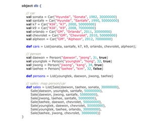 object db {
// car
val sonata = Car("Hyundai", "Sonata", 1982, 30000000)
val santafe = Car("Hyundai", "Santafe", 1990, 50000000)
val k7 = Car("KIA", "K7", 2000, 50000000)
val k9 = Car("KIA", "K9", 2008, 70000000)
val orlando = Car("GM", "Orlando", 2011, 30000000)
val chevrolet = Car("GM", "Chevrolet", 2010, 50000000)
val alpheon = Car("GM", "Alpheon", 2012, 70000000)
def cars = List(sonata, santafe, k7, k9, orlando, chevrolet, alpheon);
// person
val daewon = Person("daewon", "jeong", 31, true)
val youngtek = Person("youngtek", "hong", 32, true)
val jiwong = Person("jiwong", "kang", 34, true)
val taehee = Person("taehee", "kim", 32, false)
def persons = List(youngtek, daewon, jiwong, taehee)
// sales: map person/car
def sales = List(Sale(daewon, taehee, sonata, 30000000),
Sale(daewon, youngtek, santafe, 50000000),
Sale(daewon, jiwong, santafe, 50000000),
Sale(jiwong, taehee, santafe, 50000000),
Sale(taehee, daewon, chevrolet, 50000000),
Sale(youngtek, daewon, chevrolet, 50000000),
Sale(youngtek, taehee, orlando, 30000000),
Sale(taehee, jiwong, chevrolet, 30000000))
}

 