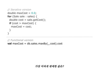 // Iterative version
double maxCost = 0.0;
for (Sale sale : sales) {
double cost = sale.getCost();
if (cost > maxCost) {
maxCost = cost;
}
}
// Functional version
val maxCost = db.sales.maxBy(_.cost).cost

가장 비싸게 판매한 값은?

 