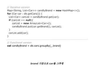 // Iterative version
Map<String, List<Car>> carsByBrand = new HashMap<>();
for (Car car : db.getCars()) {
List<Car> carList = carsByBrand.get(car);
if (carList == null){
carList = new ArrayList<Car>();
carsByBrand.put(car.getBrand(), carList);
}
carList.add(car);
}
// Functional version
val carsByBrand = db.cars.groupBy(_.brand)

brand 기준으로 car를 그루핑

 