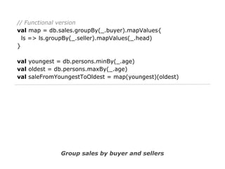 // Functional version
val map = db.sales.groupBy(_.buyer).mapValues{
ls => ls.groupBy(_.seller).mapValues(_.head)
}
val youngest = db.persons.minBy(_.age)
val oldest = db.persons.maxBy(_.age)
val saleFromYoungestToOldest = map(youngest)(oldest)

Group sales by buyer and sellers

 