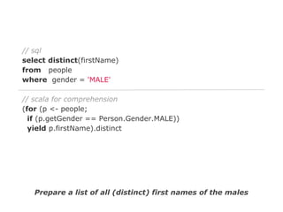 // sql
select distinct(firstName)
from people
where gender = 'MALE'
// scala for comprehension
(for (p <- people;
if (p.getGender == Person.Gender.MALE))
yield p.firstName).distinct

Prepare a list of all (distinct) first names of the males

 