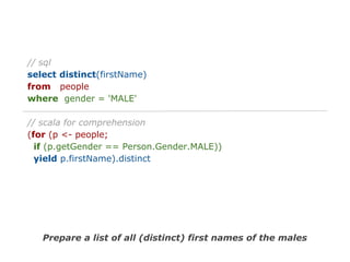 // sql
select distinct(firstName)
from people
where gender = 'MALE'
// scala for comprehension
(for (p <- people;
if (p.getGender == Person.Gender.MALE))
yield p.firstName).distinct

Prepare a list of all (distinct) first names of the males

 