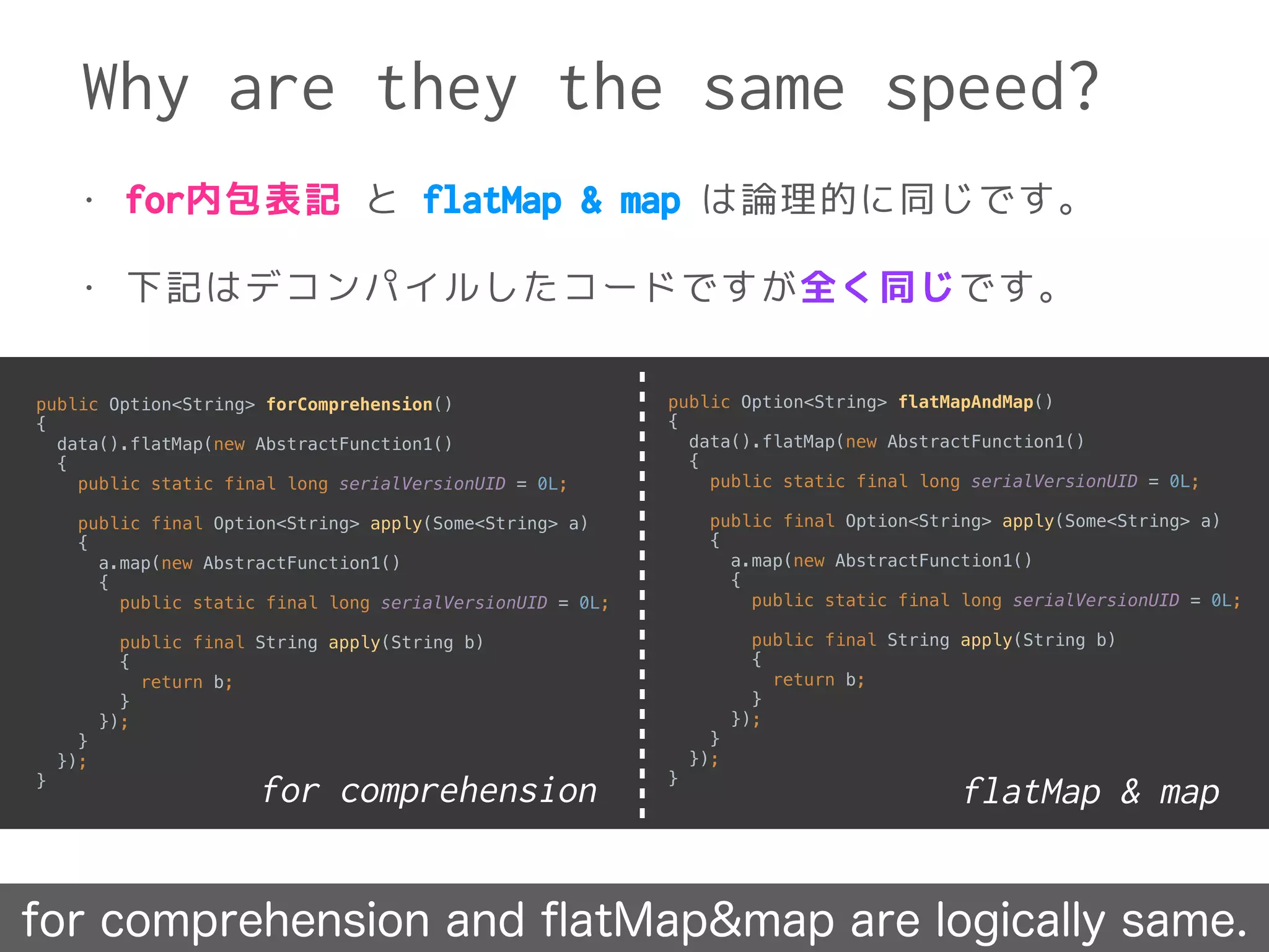 • for内包表記 と flatMap & map は論理的に同じです。
• 下記はデコンパイルしたコードですが全く同じです。
Why are they the same speed?
for comprehension and ﬂatMap&map are logically same.
public Option<String> forComprehension() 
{ 
data().flatMap(new AbstractFunction1() 
{ 
public static final long serialVersionUID = 0L; 
 
public final Option<String> apply(Some<String> a) 
{ 
a.map(new AbstractFunction1() 
{ 
public static final long serialVersionUID = 0L; 
 
public final String apply(String b) 
{ 
return b; 
} 
}); 
} 
}); 
}
public Option<String> flatMapAndMap() 
{ 
data().flatMap(new AbstractFunction1() 
{ 
public static final long serialVersionUID = 0L; 
 
public final Option<String> apply(Some<String> a) 
{ 
a.map(new AbstractFunction1() 
{ 
public static final long serialVersionUID = 0L; 
 
public final String apply(String b) 
{ 
return b; 
} 
}); 
} 
}); 
}
for comprehension flatMap & map
 