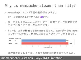 • memcache(<1.4.2)は下記の制約があります。
1キーに格納できる最大サイズは1MBです.
• 同一ホスト上のmemcacheだとしても、何度もデータを取得する
のはそれなりにコストがかかります。
• 1キーに1GBまで格納できるRedisを使って、2GBのデータを500MB
づつ4キーに分割し、検索したときのベンチマークが下記です。
• ８秒強で完了しますが、それでもMMFには勝てませんでした。
Why is memcache slower than file?
memcache(<1.4.2) has 1key=1MB limitation.
 