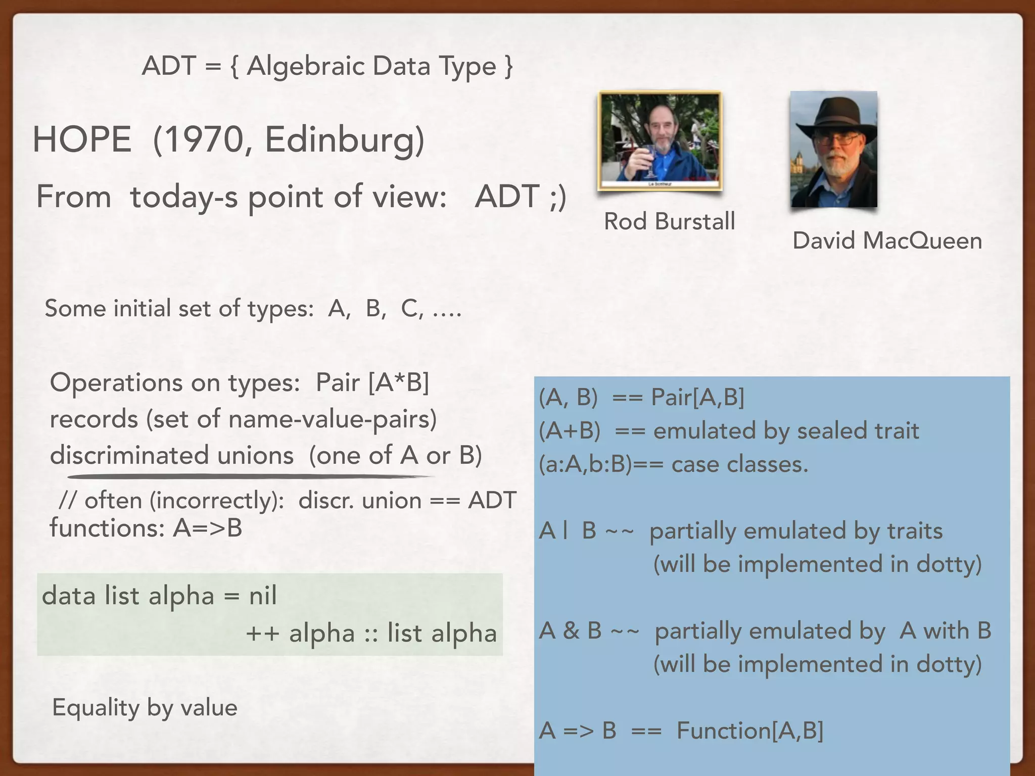 ADT = { Algebraic Data Type }
HOPE (1970, Edinburg)
From today-s point of view: ADT ;)
data list alpha = nil
++ alpha :: list alpha
(A, B) == Pair[A,B]
(A+B) == emulated by sealed trait
(a:A,b:B)== case classes.
A | B ~~ partially emulated by traits
(will be implemented in dotty)
A & B ~~ partially emulated by A with B
(will be implemented in dotty)
A => B == Function[A,B]
Rod Burstall
David MacQueen
Some initial set of types: A, B, C, ….
Operations on types: Pair [A*B]
records (set of name-value-pairs)
discriminated unions (one of A or B)
functions: A=>B
// often (incorrectly): discr. union == ADT
Equality by value
 