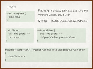 Traits:
trait Interpeter {
type Value
}
trait BaseInterpreter[A] extends Additive with Multiplicative with Show
{
type Value = A
}
Flavours (Flavours, [LISP dialects]) 1980, MIT
Mixing
trait Show {
this: Interpreter =>
def show
}
trait Additive {
this: Interpreter =>
def plus(x:Value, y:Value): Value
}
// Howard Cannon, David Moor
(CLOS, OCaml, Groovy, Python ..)
 