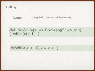 Call by ……….
Name // Algol 68 (today - call by closure)
def doWhile(x: => Boolean)(f : =>Unit)
{ while(x) { f } }
doWhile(x < 10)(x = x + 1)
 