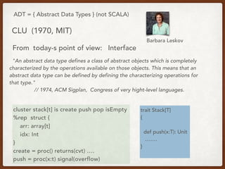 ADT = { Abstract Data Types } (not SCALA)
CLU (1970, MIT)
"An abstract data type defines a class of abstract objects which is completely
characterized by the operations available on those objects. This means that an
abstract data type can be defined by defining the characterizing operations for
that type."
// 1974, ACM Sigplan, Congress of very hight-level languages.
From today-s point of view: Interface
cluster stack[t] is create push pop isEmpty
%rep struct {
arr: array[t]
idx: Int
}
create = proc() returns(cvt) ….
push = proc(x:t) signal(overflow)
trait Stack[T]
{
def push(x:T): Unit
…….
}
Barbara Leskov
 