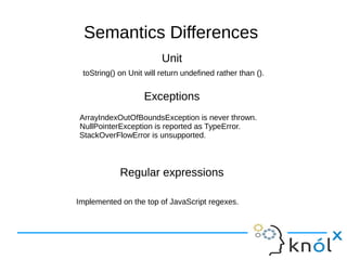 Unit
Exceptions
Regular expressions
Unit
Exceptions
Regular expressions
Semantics Differences
toString() on Unit will return undefined rather than ().
Implemented on the top of JavaScript regexes.
ArrayIndexOutOfBoundsException is never thrown.
NullPointerException is reported as TypeError.
StackOverFlowError is unsupported.
 