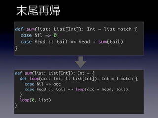 def sum(list: List[Int]): Int = list match {
case Nil => 0
case head :: tail => head + sum(tail)
}
def sum(list: List[Int]): Int = {
def loop(acc: Int, l: List[Int]): Int = l match {
case Nil => acc
case head :: tail => loop(acc + head, tail)
}
loop(0, list)
}
 